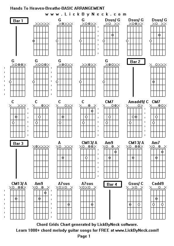Chord Grids Chart of chord melody fingerstyle guitar song-Hands To Heaven-Breathe-BASIC ARRANGEMENT,generated by LickByNeck software.